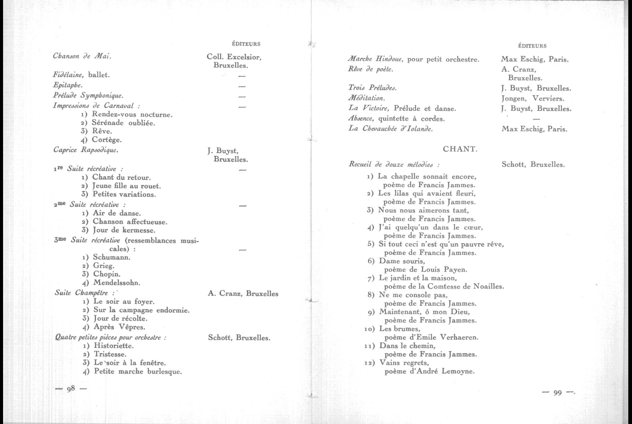 A black and white scanned page of a music or poetry book, listing composers, titles, and a collection of melodies and poems.