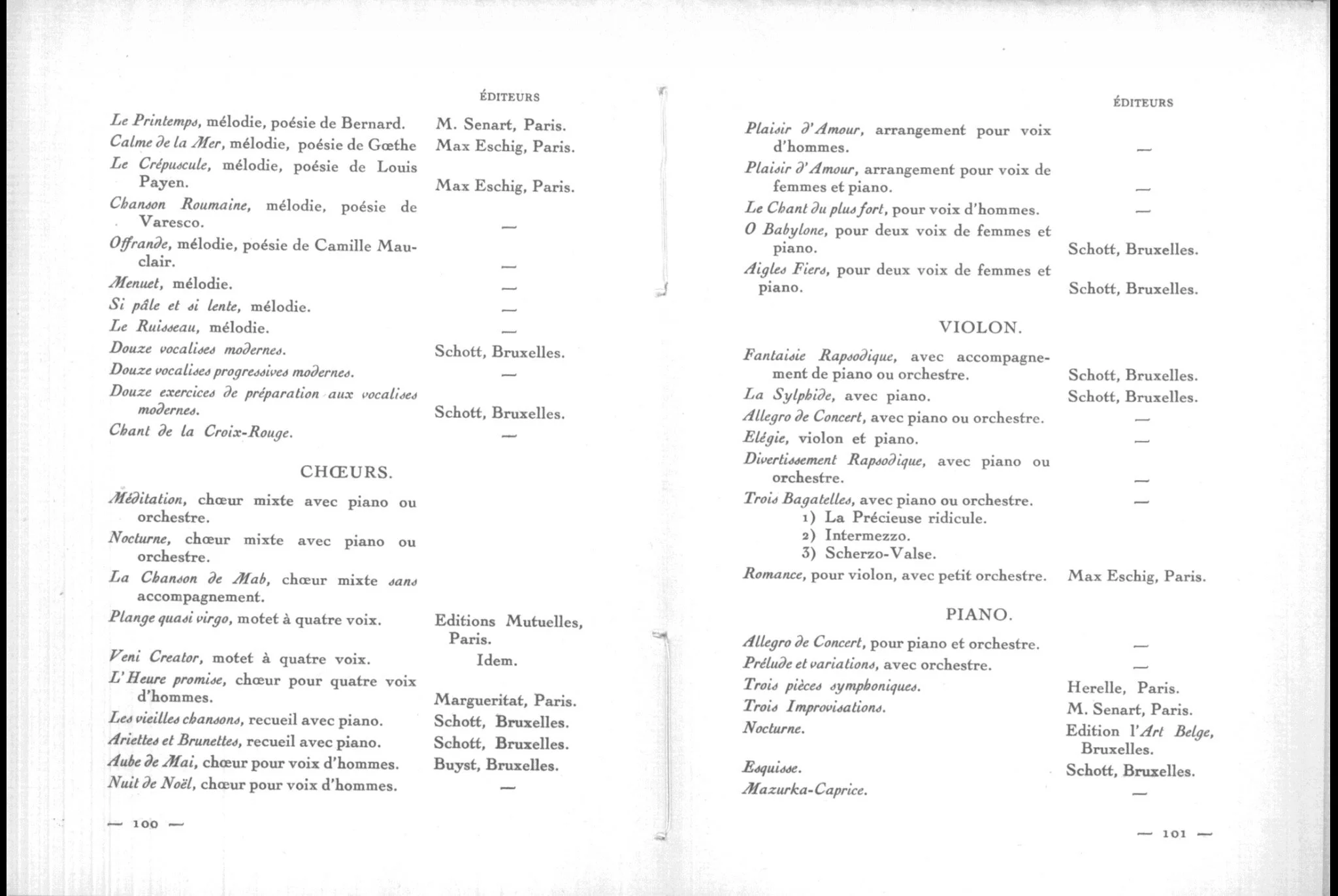 This is a scanned image of two pages from a book listing musical compositions, including titles, composers, and publishers, in French. The left page includes choral songs and melodies, while the right page features arrangements for voice, violin, and piano, published by various publishers in Brussels and Paris.