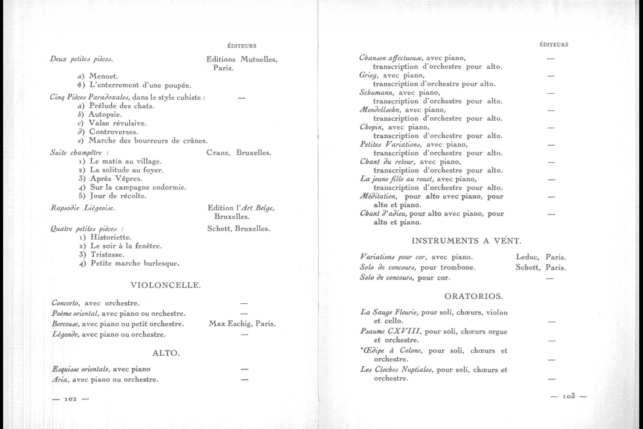 A scanned image of a two-page music or literary book in French, containing lists of pieces, composers, and descriptions, with page numbers 102 and 103 at the bottom.