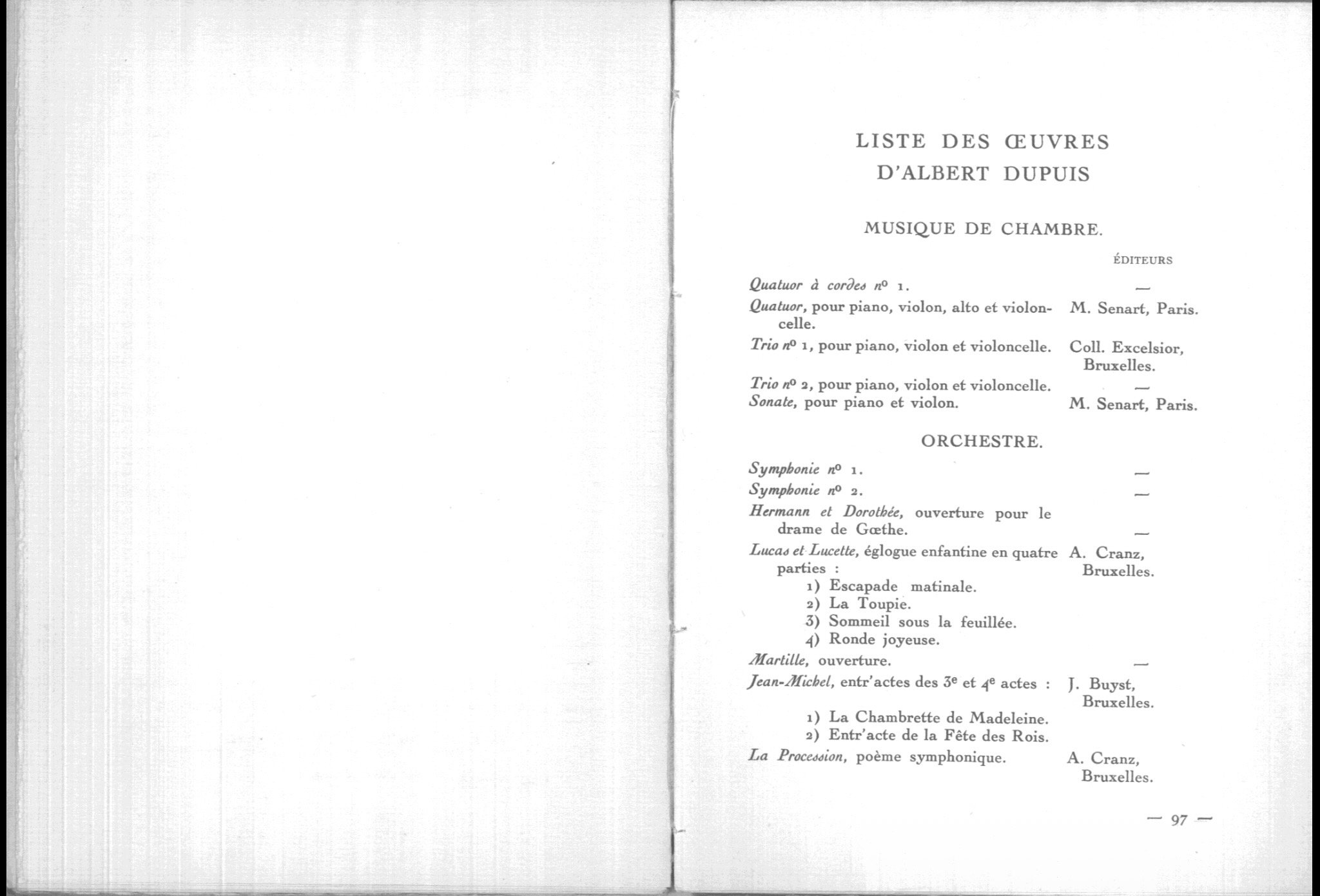 Page from a sheet music catalog listing works by Albert Dupuis, including chamber music pieces and symphonies, with composers and locations of performances.