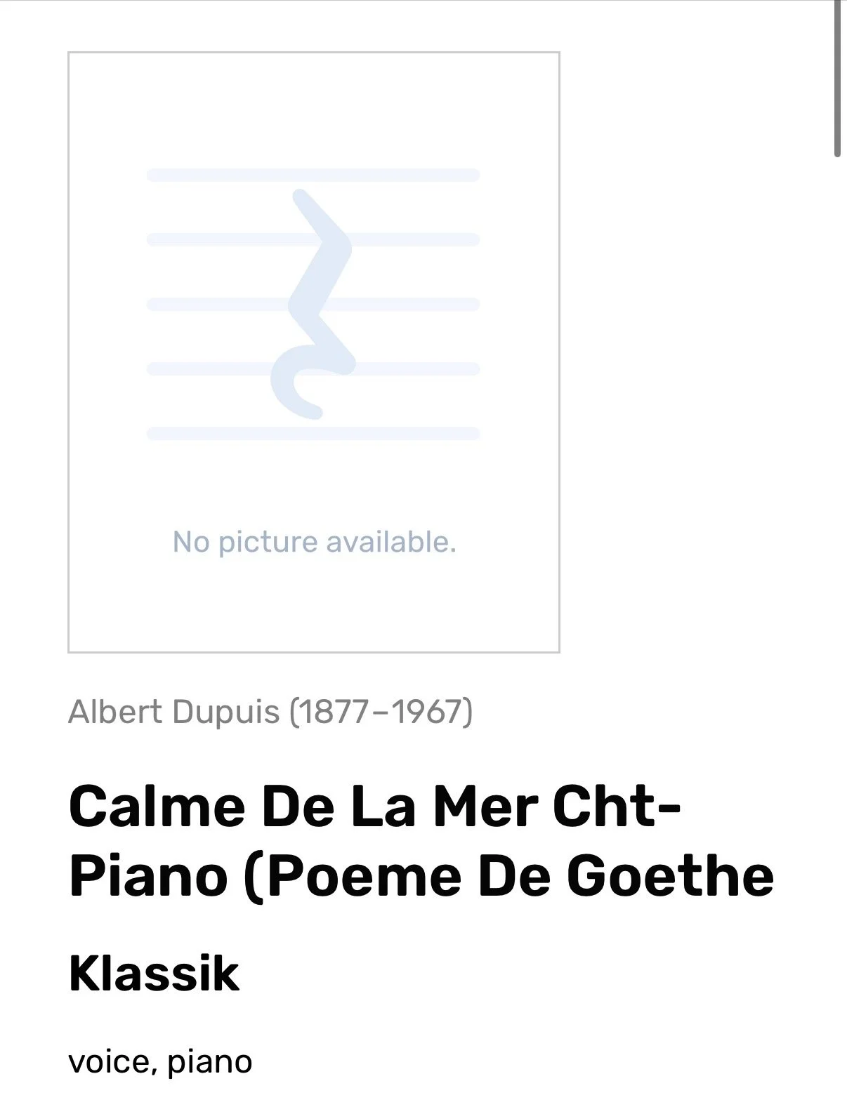 Cover of a music sheet or album titled "Calme De La Mer Cht-Piano (Poeme De Goethe" by Albert Dupuis, with a note "No picture available" and a ruined placeholder image.