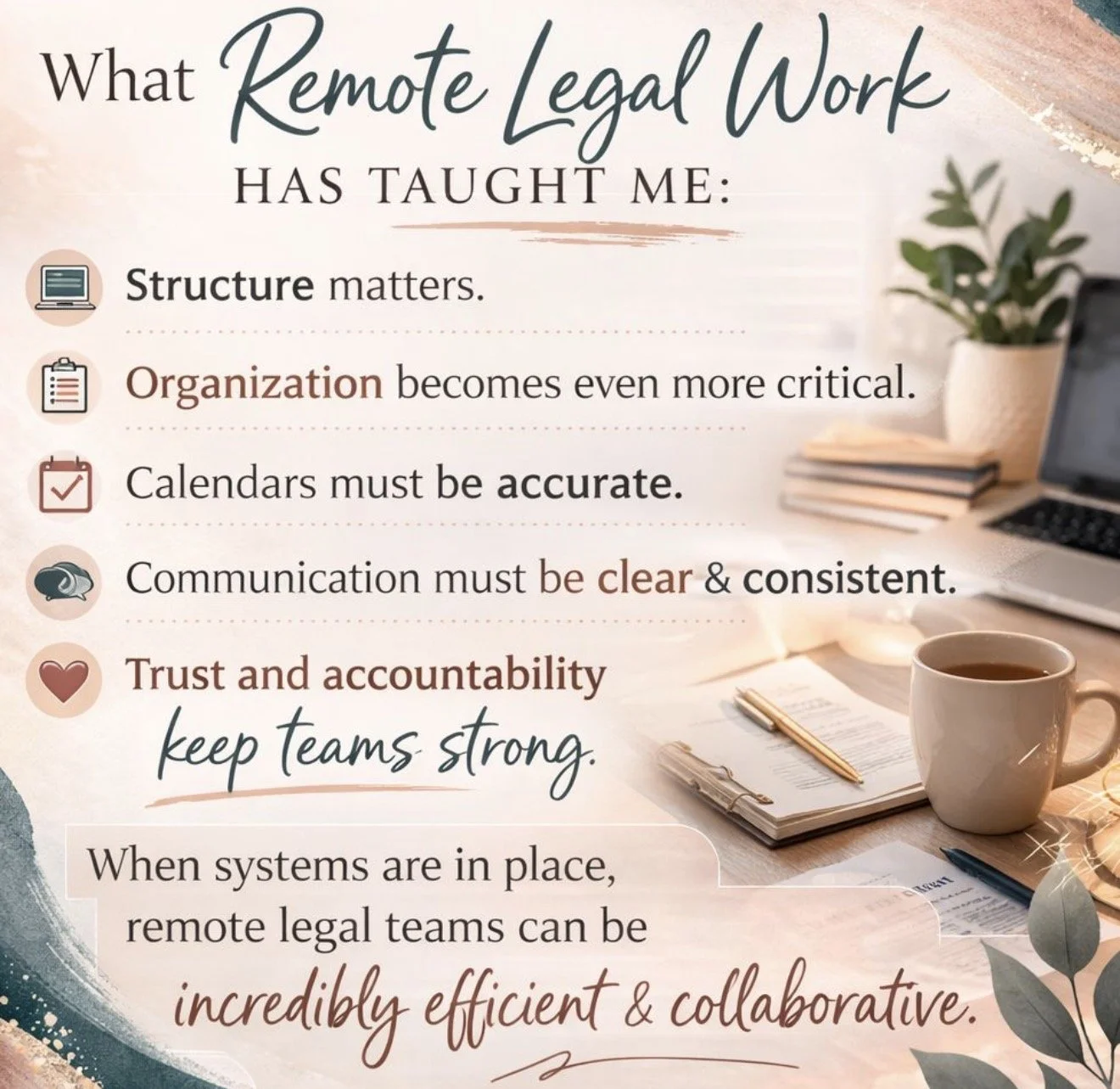 A motivational poster with text about remote legal work lessons, including points on structure, organization, accuracy, clear communication, trust, and accountability. The background features a workspace with a laptop, coffee cup, notebooks, and a plant.
