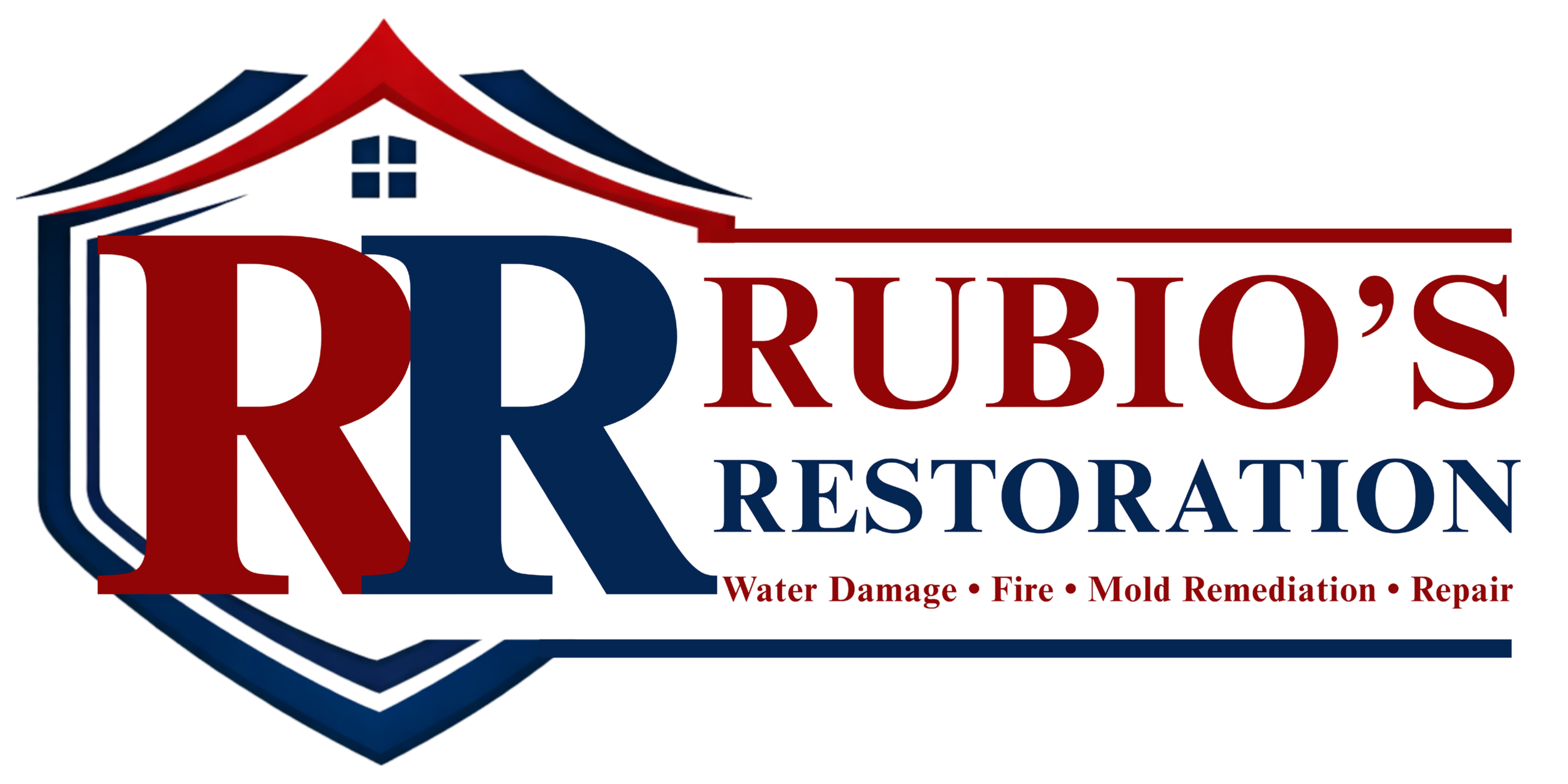 Logo for RR Rubio's Restoration with a stylized house, the words 'Water Damage, Fire, Mold Remediation, Repair' at the bottom.