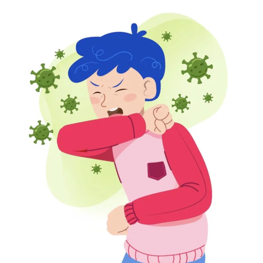 A cartoon of a child with blue hair sneezing into their arm, surrounded by green virus particles, indicating illness or cold.