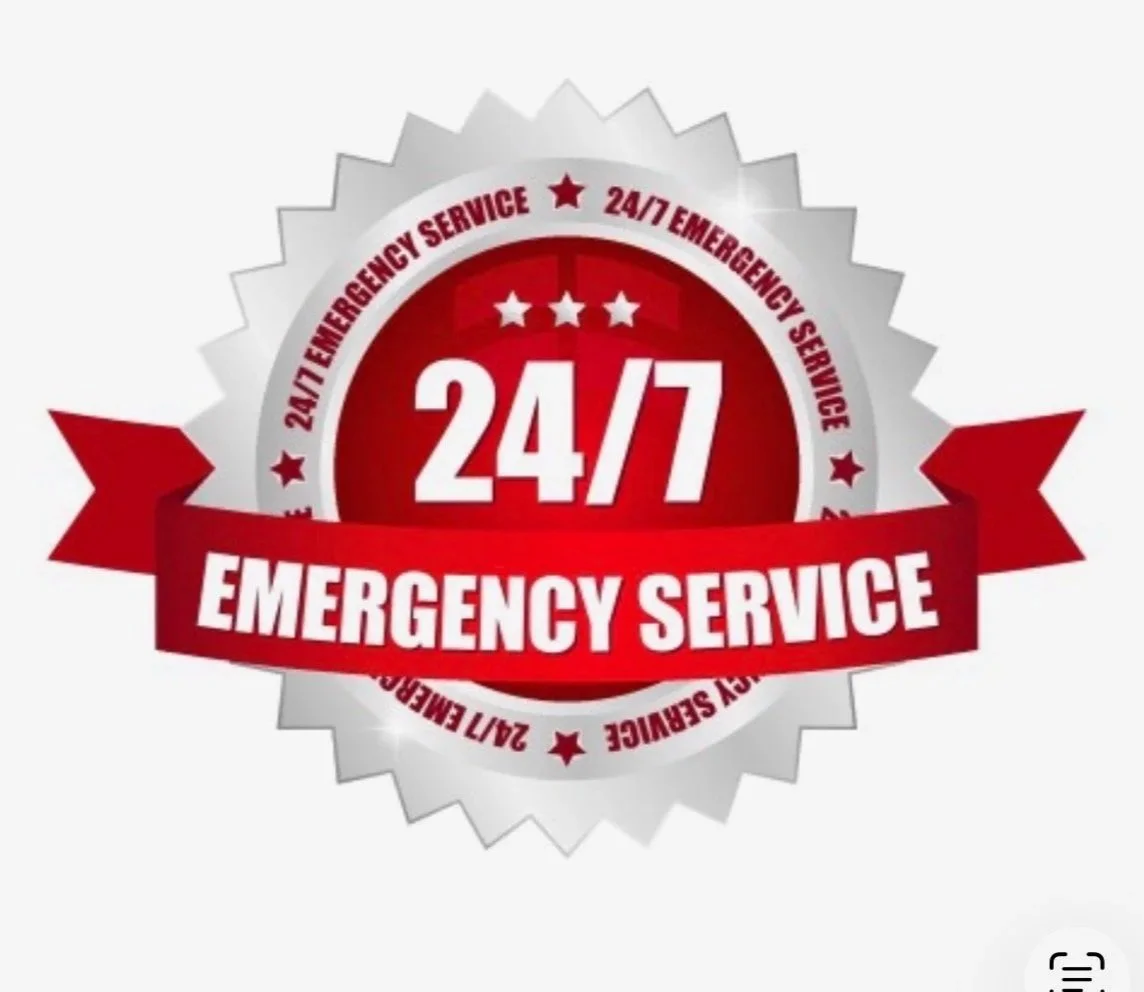 A badge with a silver starburst shape, red and white colors, displaying '24/7 Emergency Service' in bold text, emphasizing around the center.