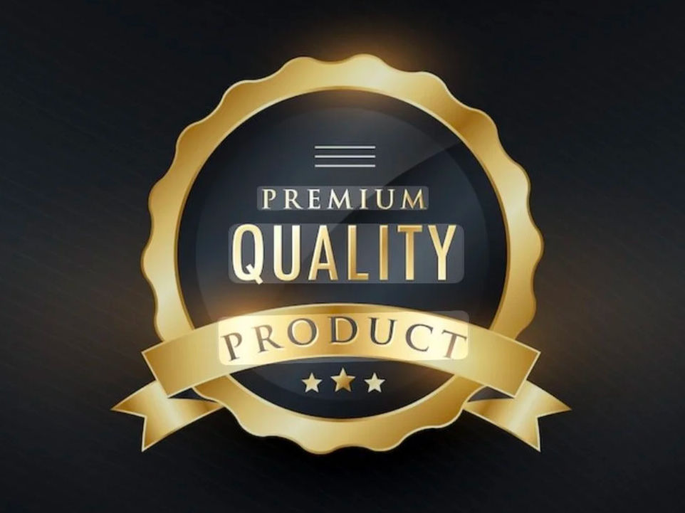 Gold and black badge with the text "Premium Quality Product" and three stars.