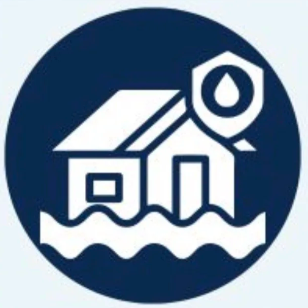 Icon representing water protection, including a house with a water drop and shield