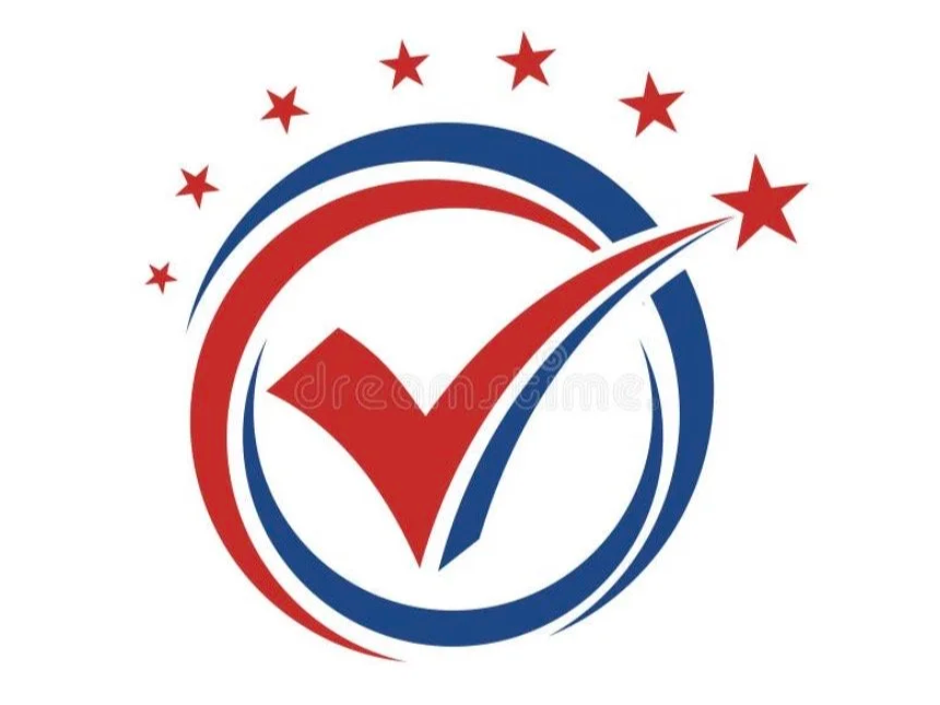 An abstract logo with a checkmark inside a circle, featuring red and blue colors and five red stars around the circle.