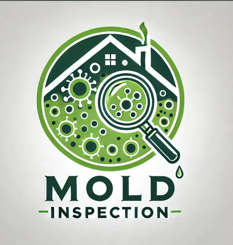 Logo for mold inspection featuring a house with mold spores and a magnifying glass, color scheme green and black.