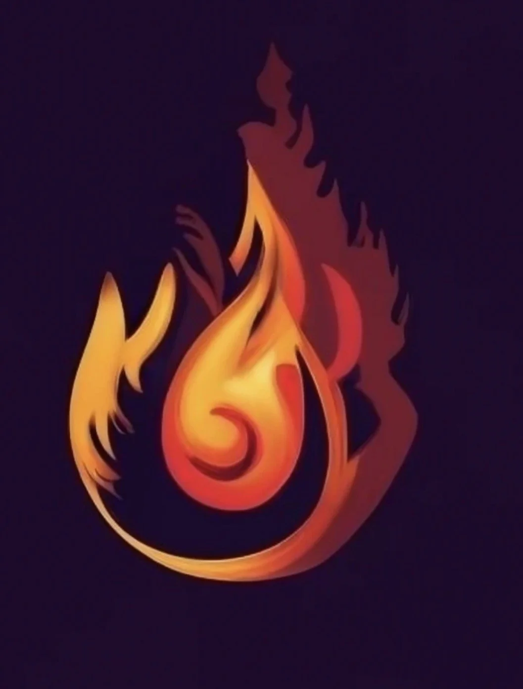 Abstract illustration of a female figure with fiery hair and flames in warm colors on black background.