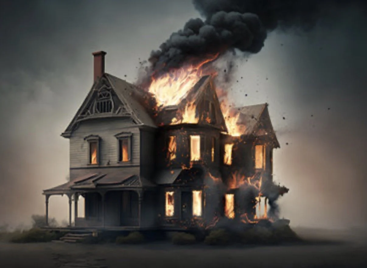 A large, old house engulfed in flames with thick black smoke billowing into the sky.