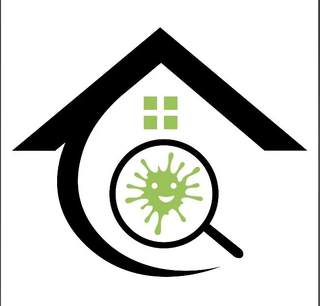 A house outline with a magnifying glass showing a smiling, green message bubble resembling a virus or germ, suggesting home health inspection or virus testing.