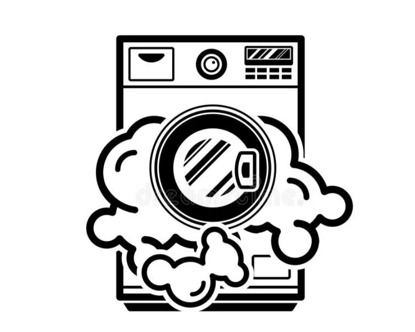 Line drawing of a washing machine with soap suds and bubbles around the door