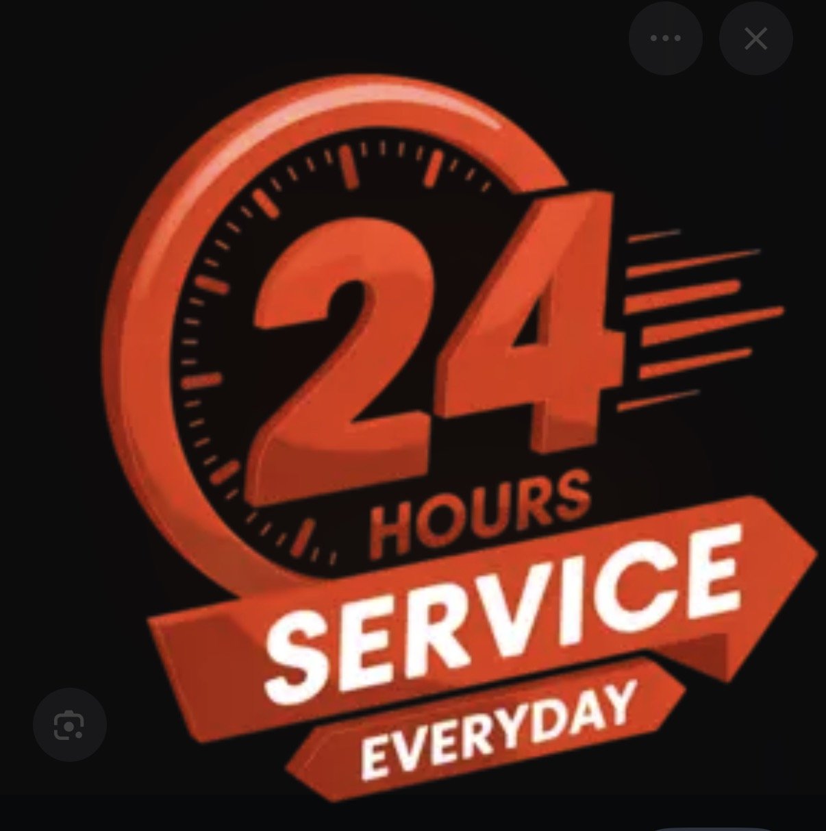 A graphic indicating 24-hour service every day, featuring a bold red and black design with a clock and dynamic lines.