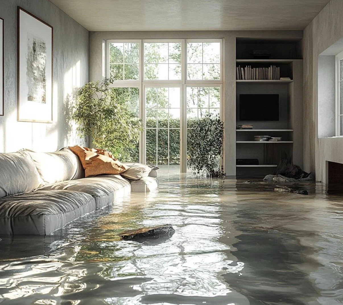 A living room with flooded floor, a white sofa with a brown pillow, potted plants near large windows, a bookshelf with a television, and sunlight streaming in.