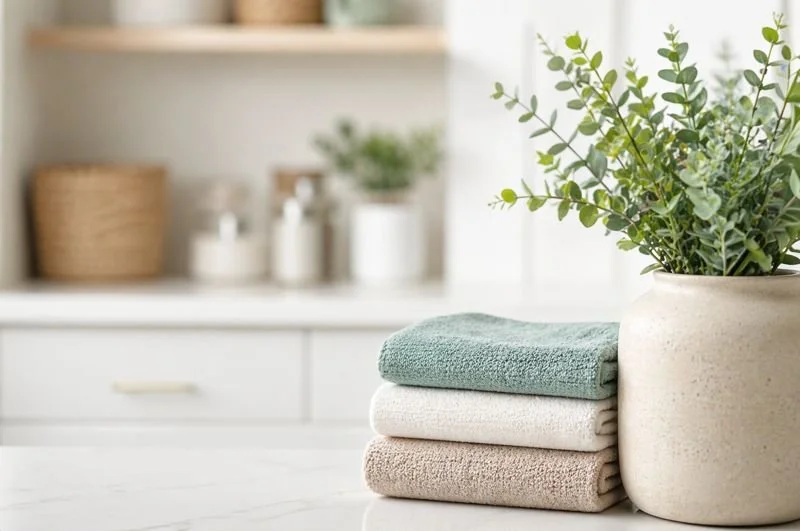 A stack of three folded towels in light green, white, and beige next to a large ceramic pot with green eucalyptus branches on a white countertop.