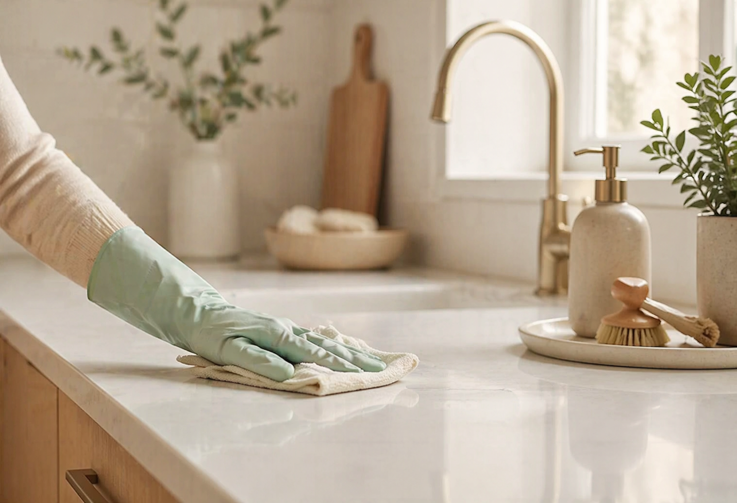 Person cleaning a kitchen countertop with a cloth, wearing a glove on their hand.