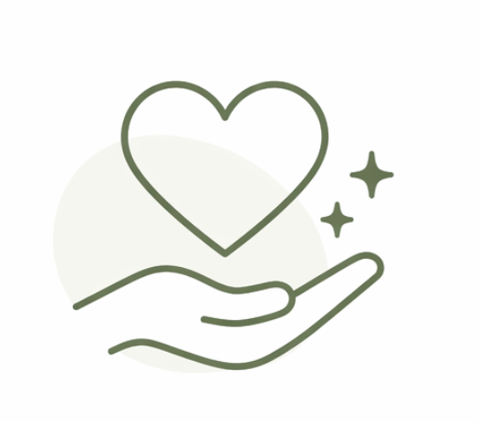 An illustration of a hand holding a heart with sparkles around it.
