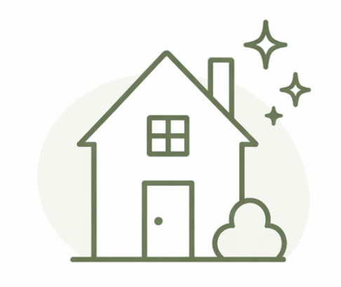 Simple line drawing of a house with a window, door, and chimney, surrounded by a bush and sparkles, on a light background.