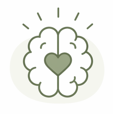 Illustration of a smiling brain with a heart in the center, radiating lines above.