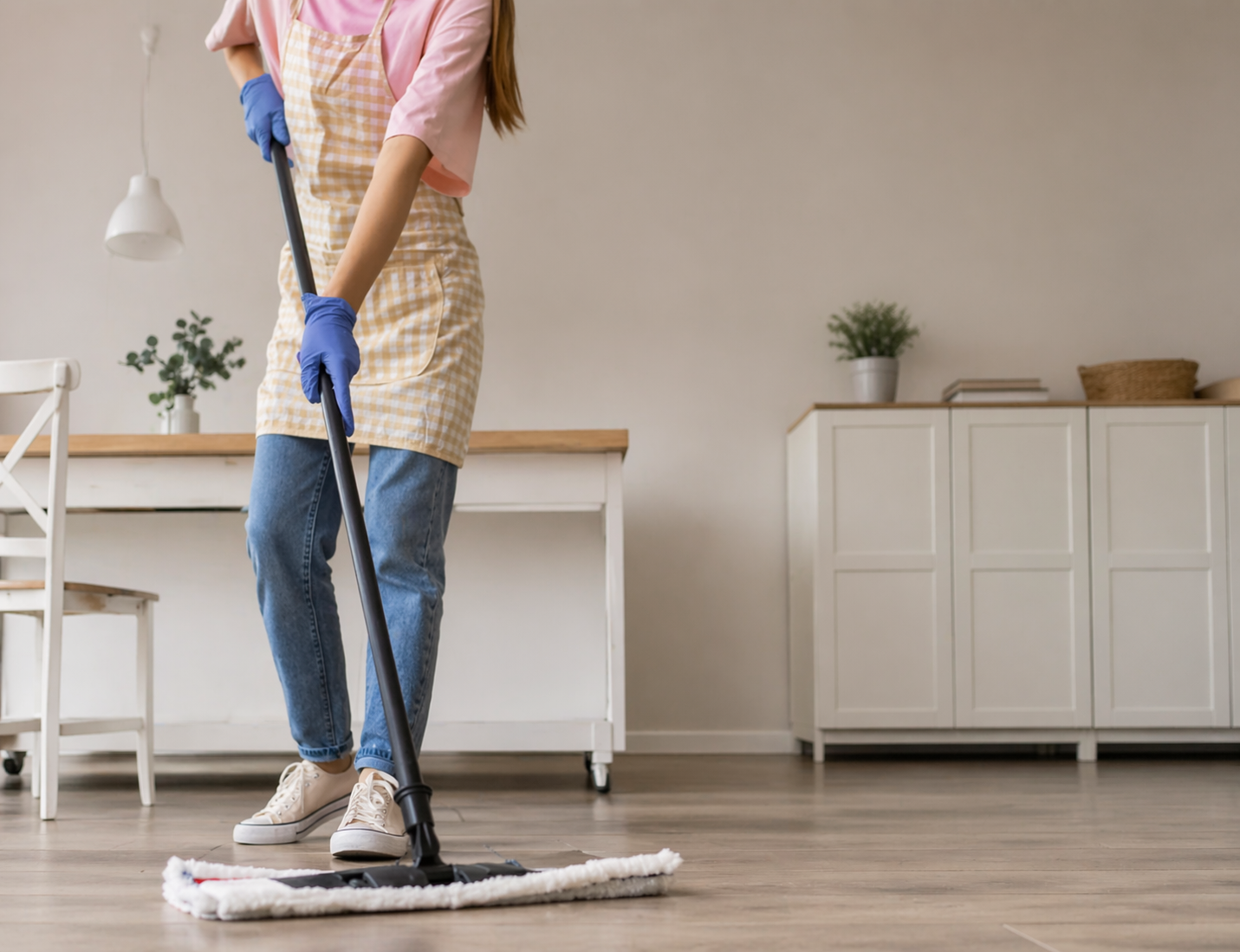 Person vacuuming hardwood floor in living room, wearing apron, jeans, and sneakers.