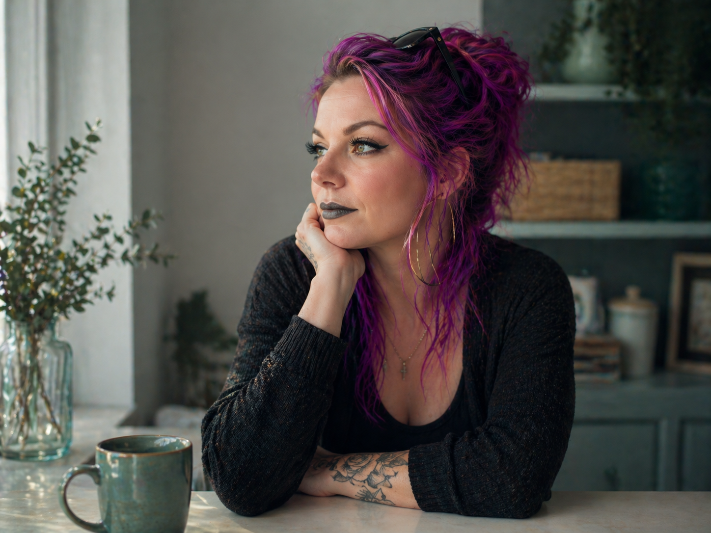 A woman with purple and pink wavy hair, black lipstick, and winged eyeliner, sitting at a table with her chin resting on her hand, wearing a dark top, gold hoop earrings, sunglasses on her head, and visible tattoos on her arm, in a cozy room with a plant, mug, and shelves in the background.