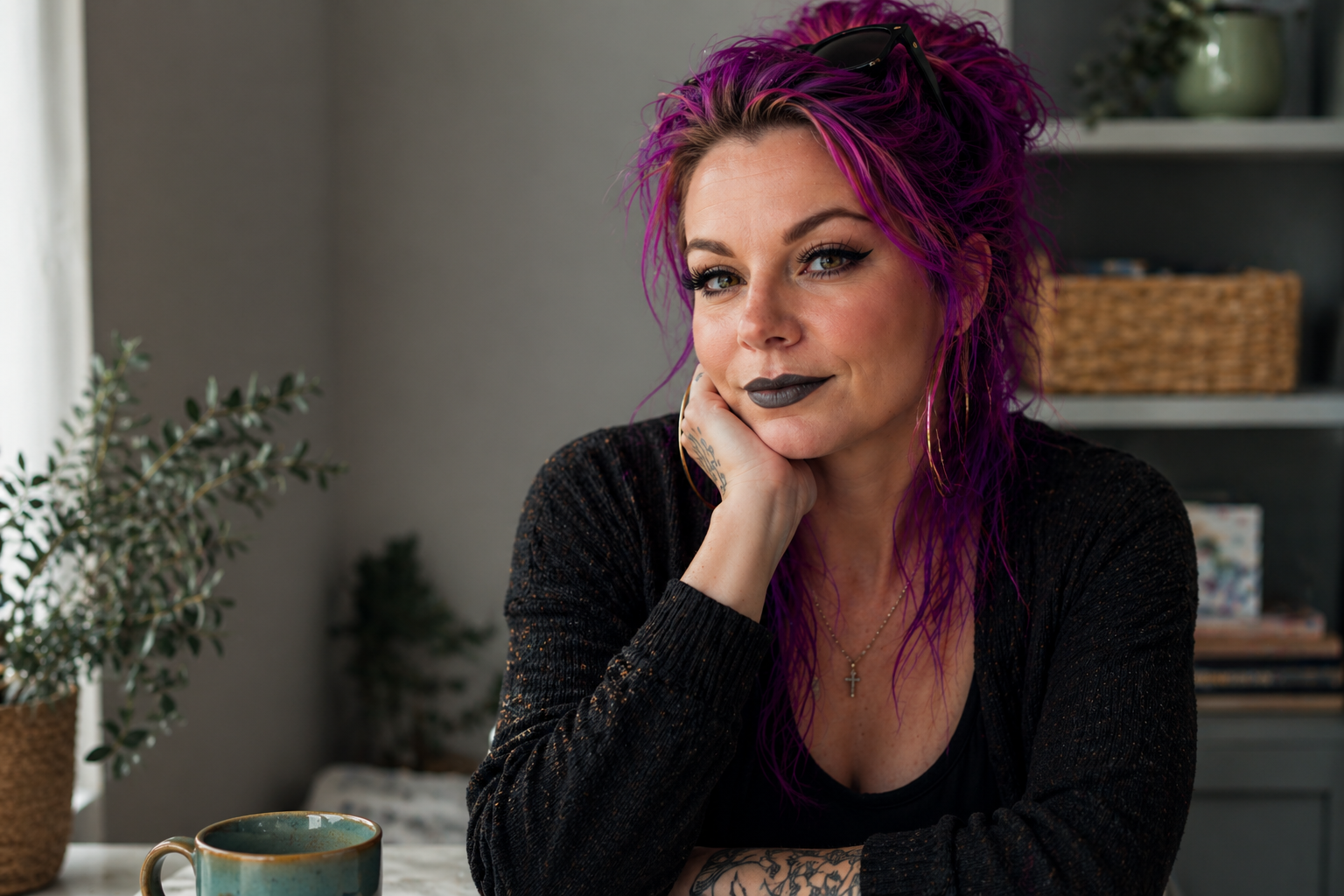 Woman with bright purple hair, black lipstick, and winged eyeliner sitting at a table, resting her face on her hand, with a mug in front of her, in a cozy indoor setting with plants and shelves.