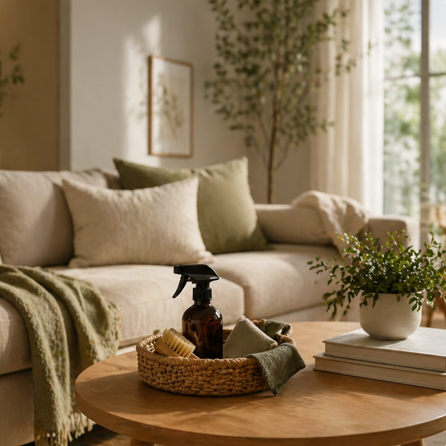 Living room with beige sofa, green pillows, a blanket, a wooden coffee table, a basket with cleaning supplies, and a potted plant, with sunlight coming through window.