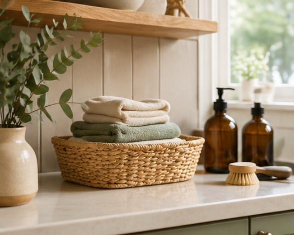 Stacked folded towels in a wicker basket on a bathroom countertop with glass soap dispensers and a brush, near a window with greenery outside.