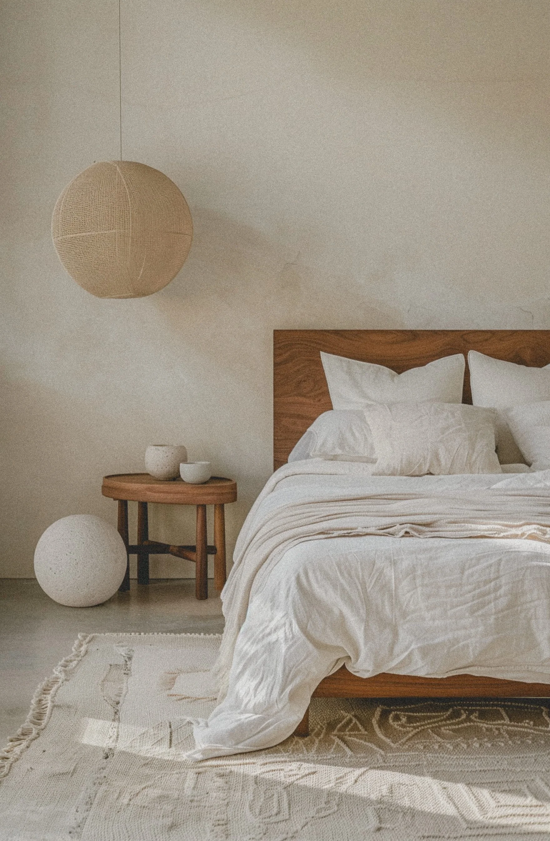 A minimalist villa bedroom featuring a timber bed frame, white linen bedding, and a large woven pendant light in a raw luxury aesthetic.