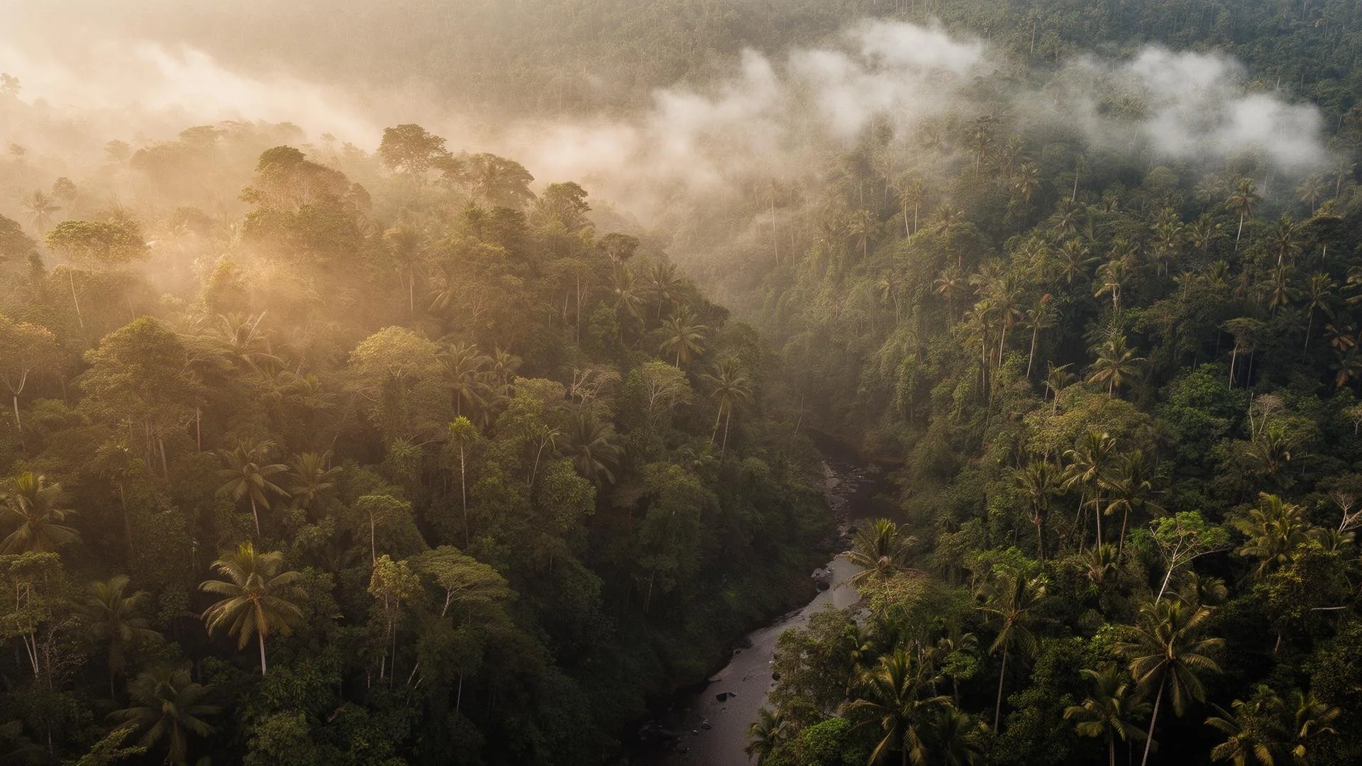 An ethereal golden hour view of the Bali jungle canopy and winding river at Suma Residency, featuring soft mist and cinematic natural lighting.