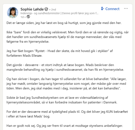 Skærmbillede af en LinkedIn-profil med en opdatering om en bog om hjerneryrelseslidelser.