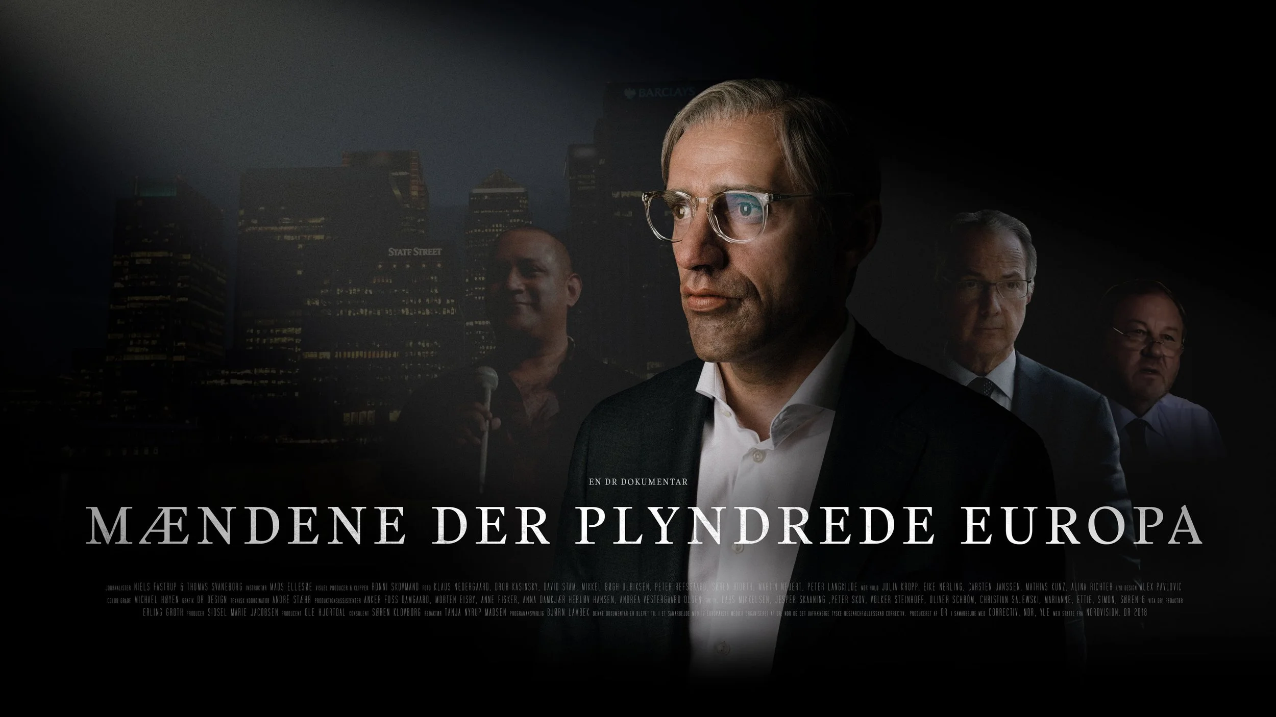 Postermed personer i fortid og nutid, med bygningsbaggrund og teksten 'Mændene der plyndrede Europa'
