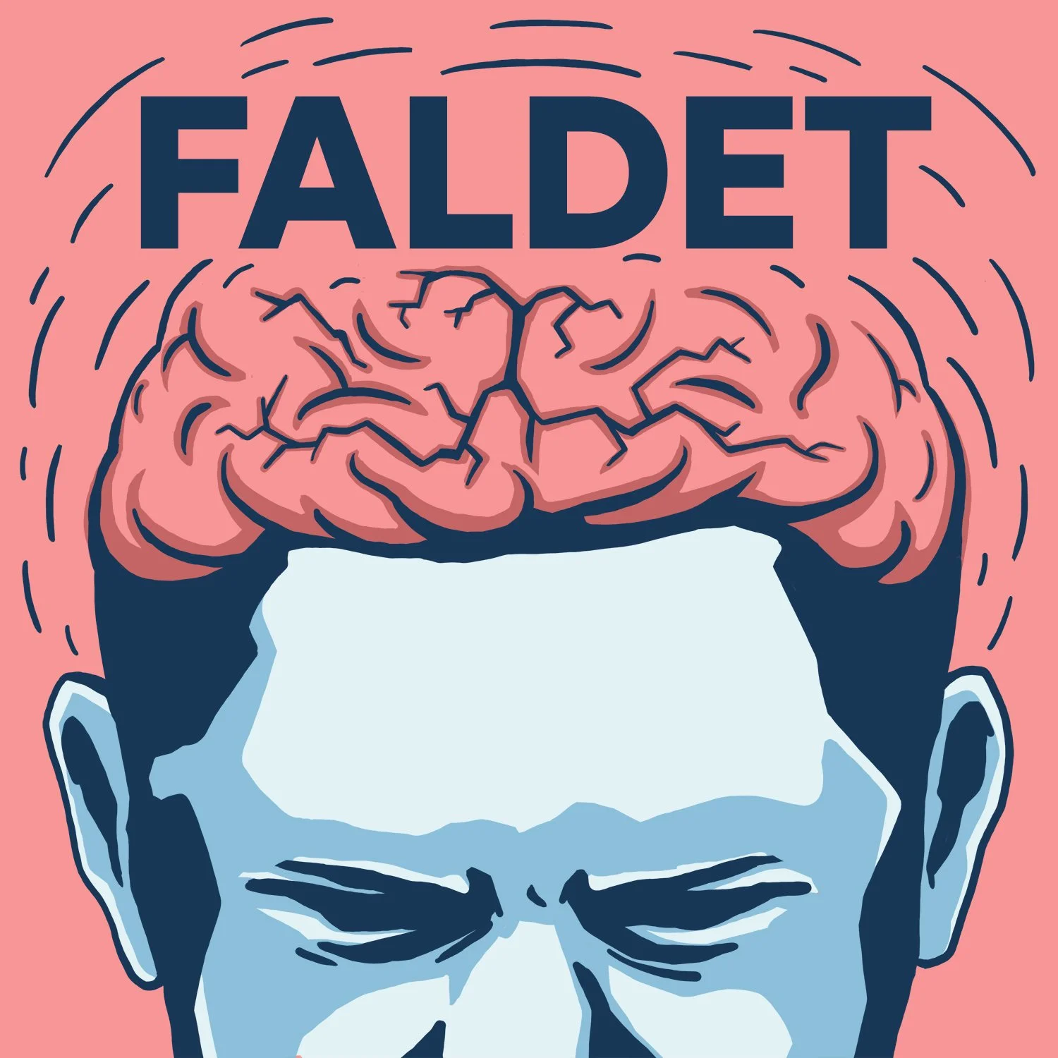 Illustration af et menneske med en hjerne, der er synligt og med teksten 'FALDET' over hjernen.