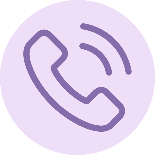 Icon of a telephone handset with sound waves indicating incoming call, on a light purple circular background.