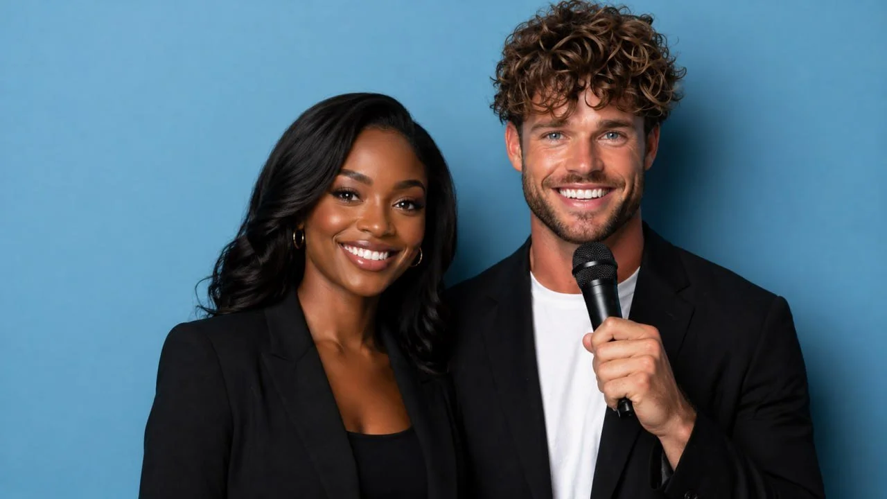 A woman with dark hair and a man with curly hair smiling, holding a microphone, standing against a blue background.