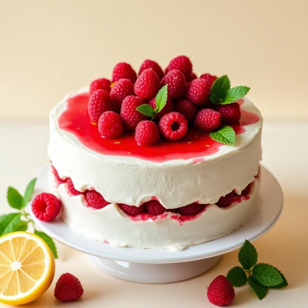 A white, layered cake topped with fresh raspberries, lemon slices, and mint leaves, with raspberry sauce drizzled on top.
