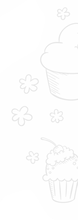 Black and white line drawing of a cupcake with frosting and sprinkles, surrounded by small flower shapes.