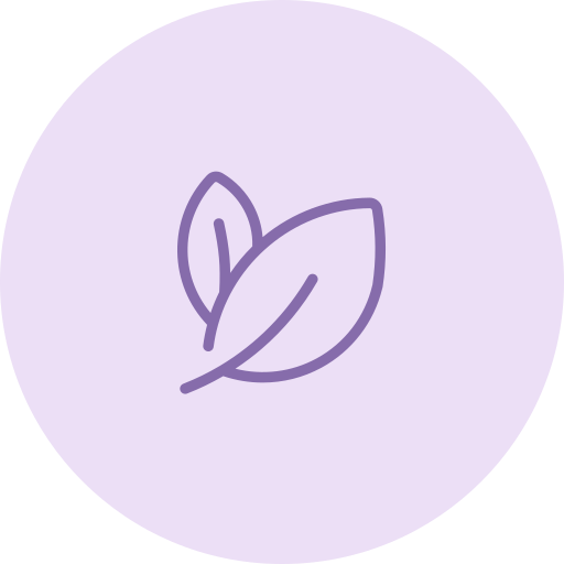 Simple line drawing of two leaves on a light purple circular background.
