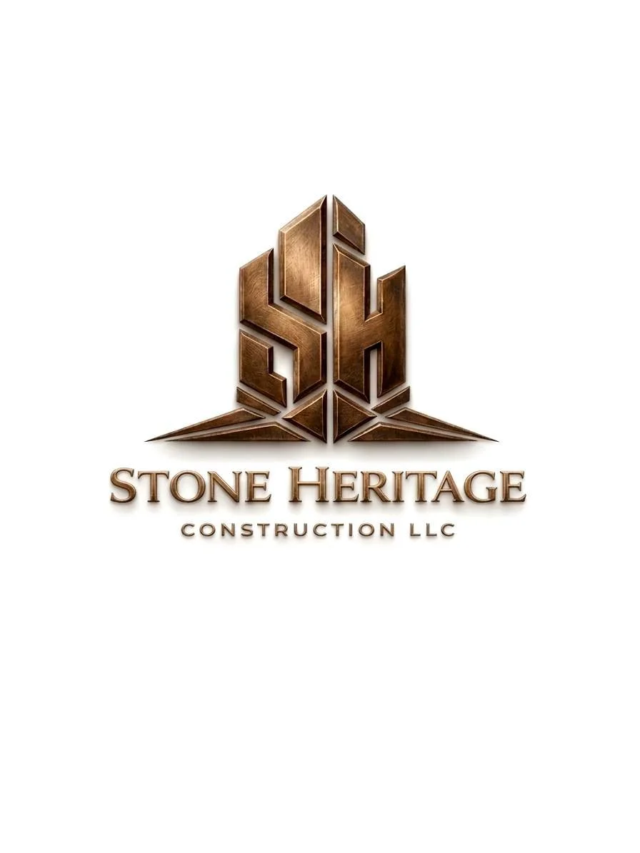 Logo for Stone Heritage Construction LLC, featuring a metallic, geometric design and text.