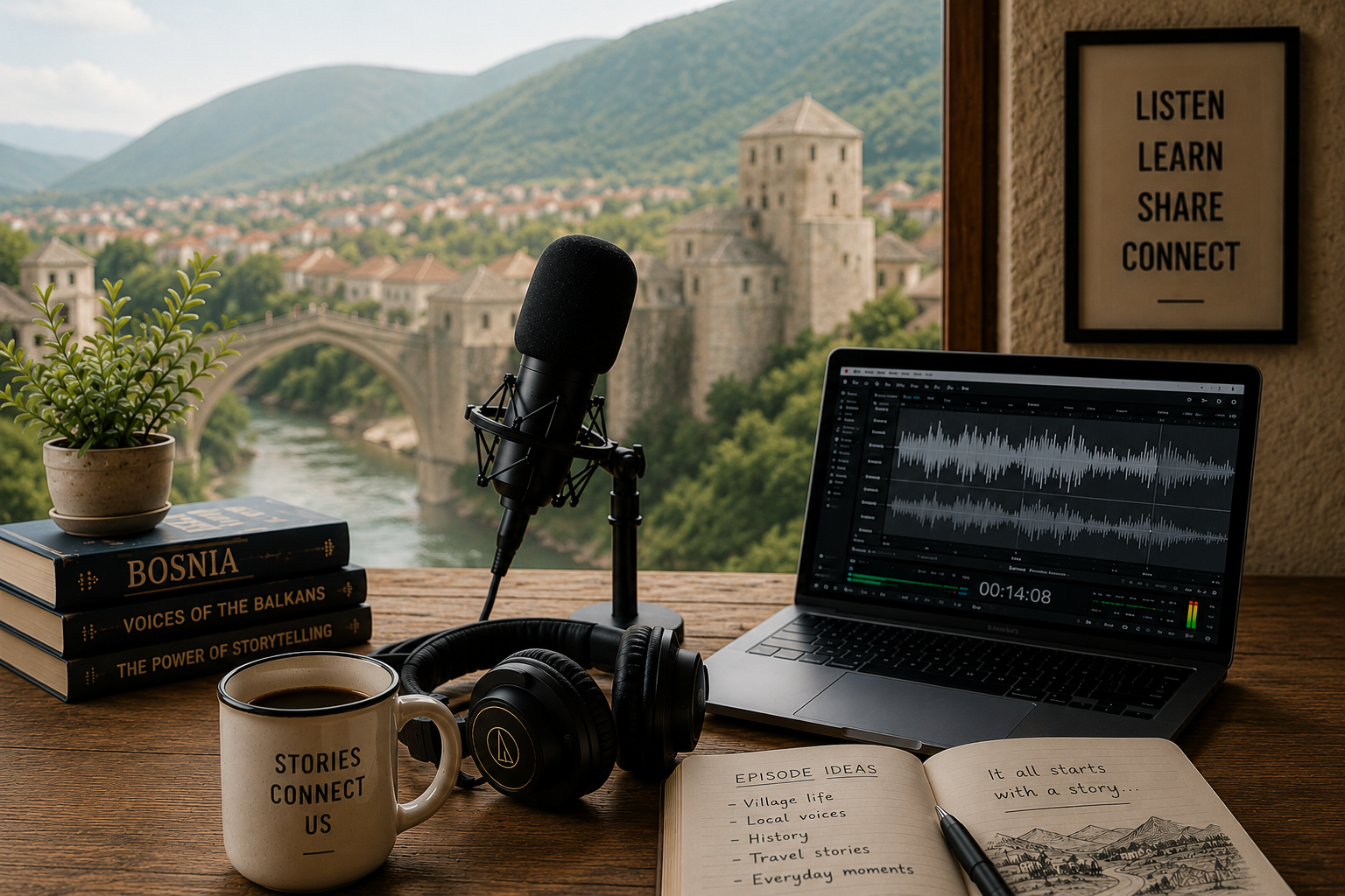 A podcast recording setup on a wooden desk about Bosnia, with a scenic view of the Mostar bridge and a river and mountains in the background.