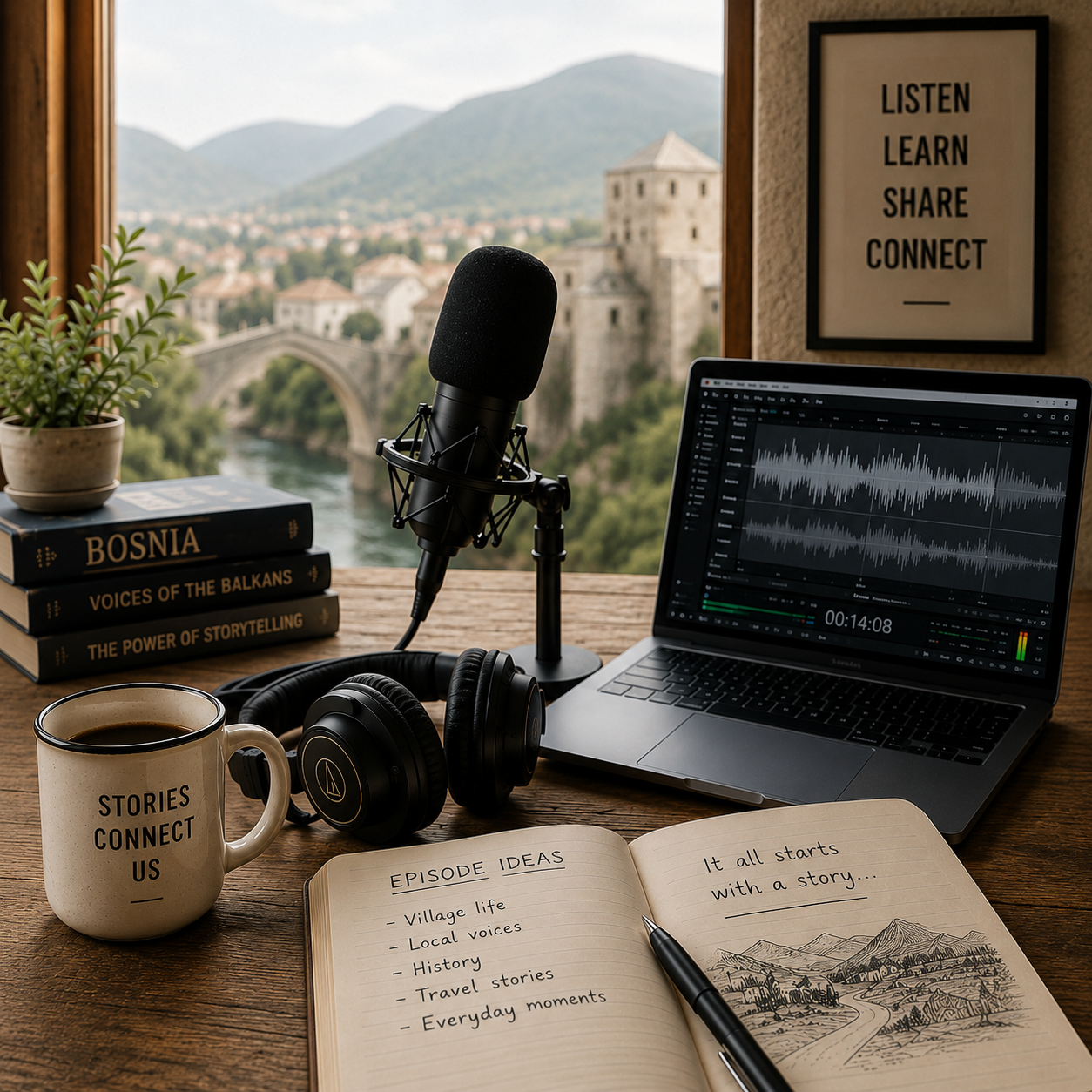 David Bailey in his home studio in Bosnia, offering podcast and audio storytelling support.