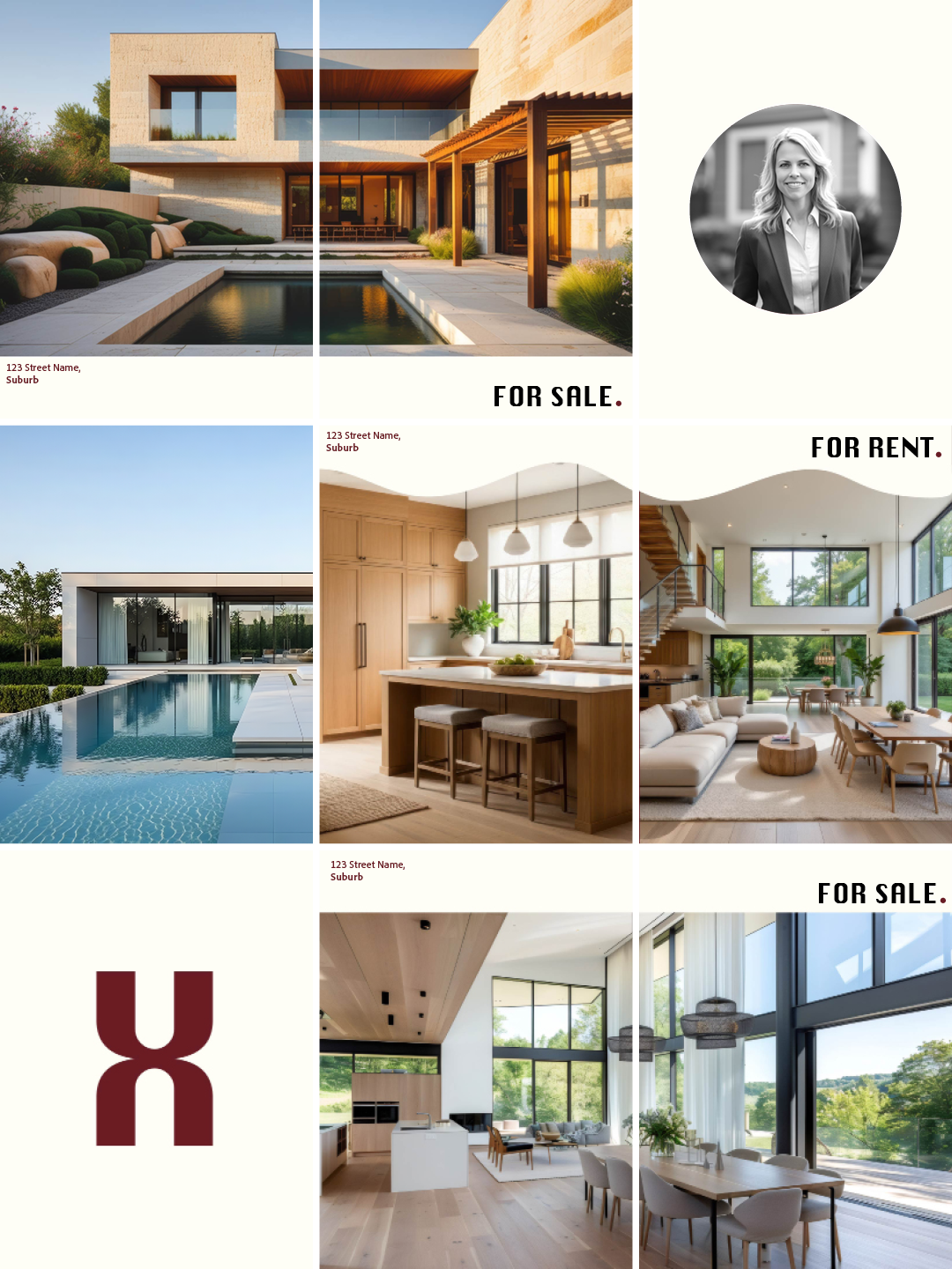 Real estate listing flyer featuring images of a modern house exterior, interior kitchen and living room, and a swimming pool, with text indicating properties for sale and rent.
