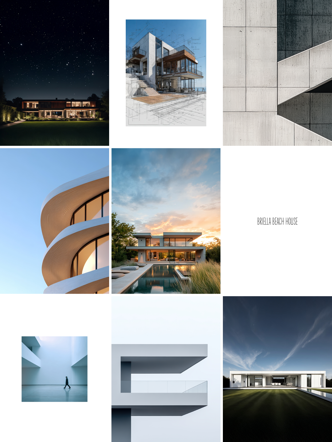 Social media grid of modern architectural house designs, including night views, construction sketches, close-up of building materials, curved balconies, swimming pool area, minimalist interior, and exterior views.