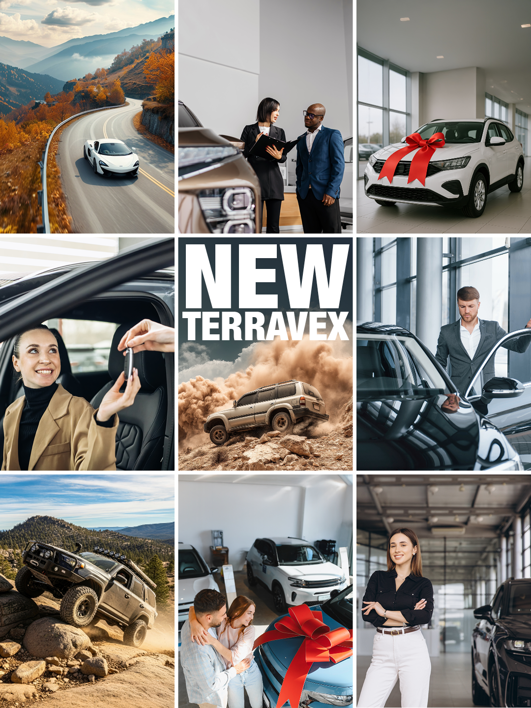 A collage of nine images including a luxury car driving through scenic mountains, a salesperson and customer discussing in a showroom, a new car with a red bow, a woman receiving car keys, an off-road vehicle in rough terrain, a dealership with cars on display, a rock climbing SUV, a car with a big red bow, a woman in a car dealership, and a woman standing in a showroom with her arms crossed.
