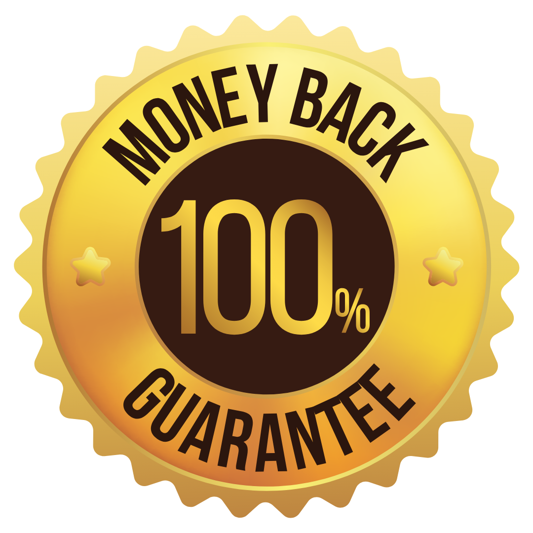 Gold and black circular badge with the text "Money Back Guarantee 100%".