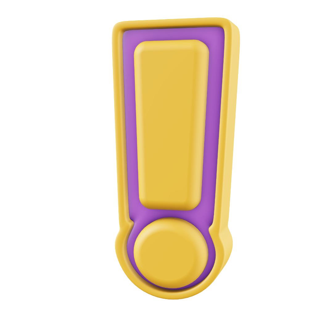 Yellow and purple exclamation mark icon with 3D design and shadows.
