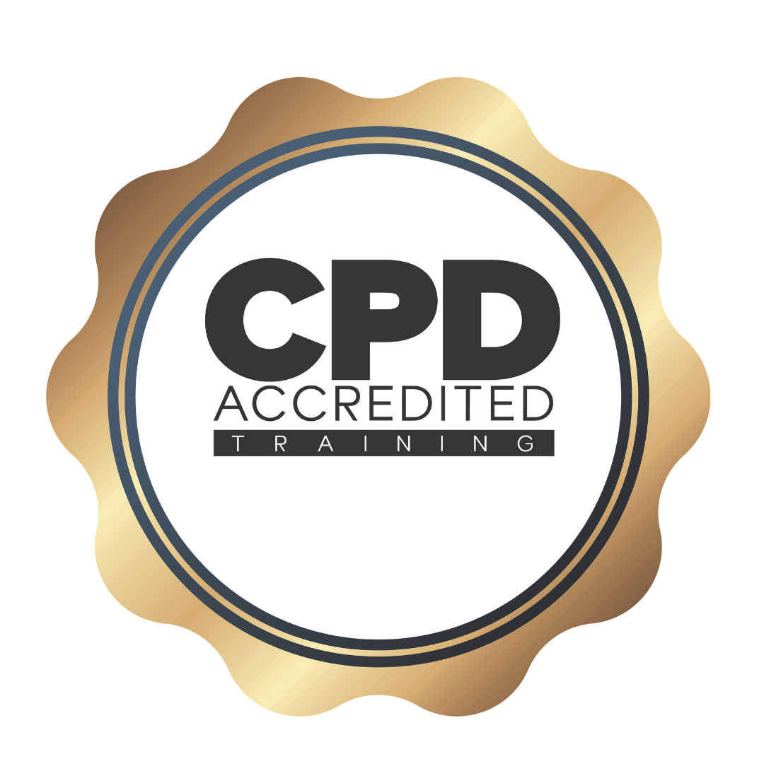 A circular badge with a gold scalloped border and black and gold concentric rings, featuring bold black text that reads 'CPD Accredited Training' inside.