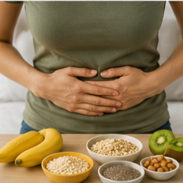 Person holding stomach standing behind a table with bananas, bowls of oats, almonds, chia seeds, and a kiwi.