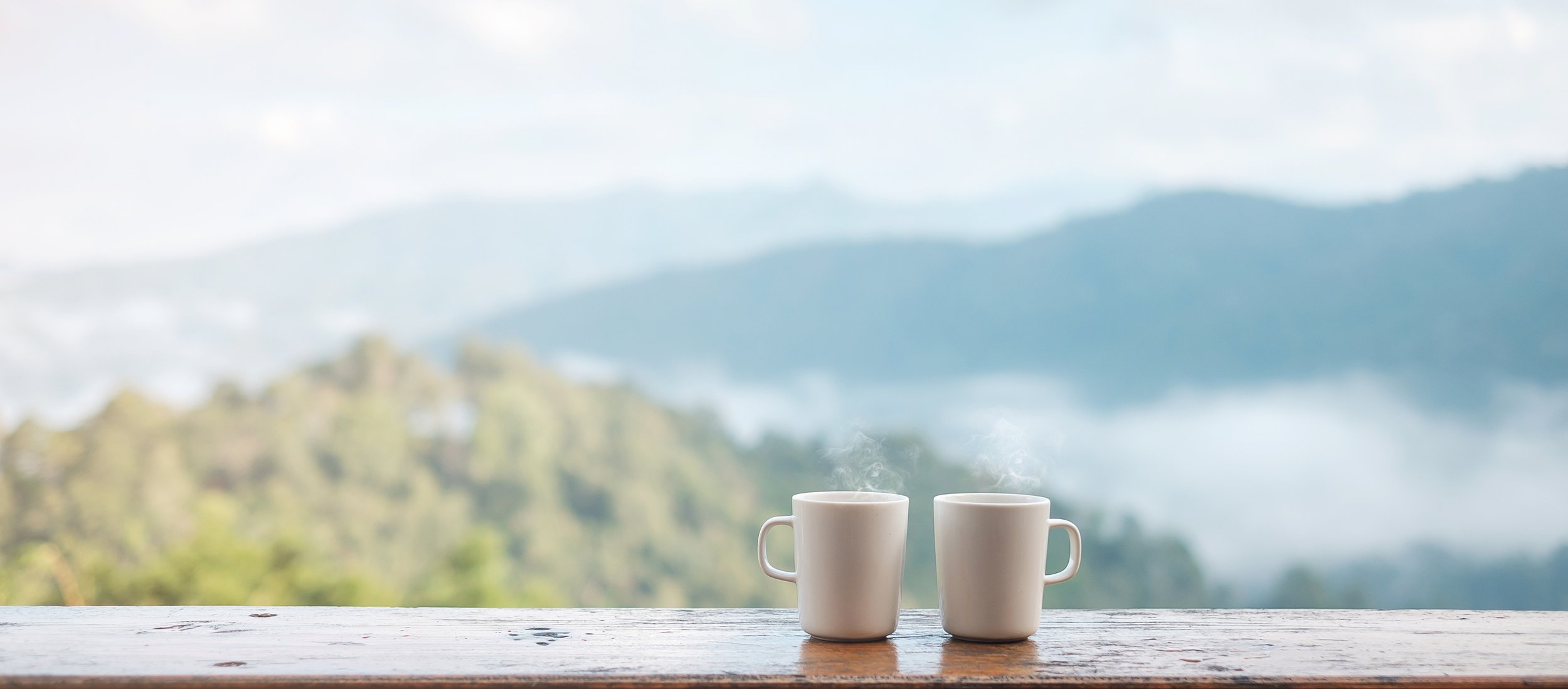 Two mugs for a couple in counseling with mountains in the background